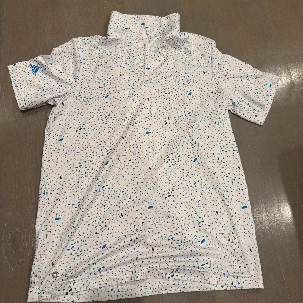 Adidas Blue and White Polo Shirt with Artistic Speckle Design